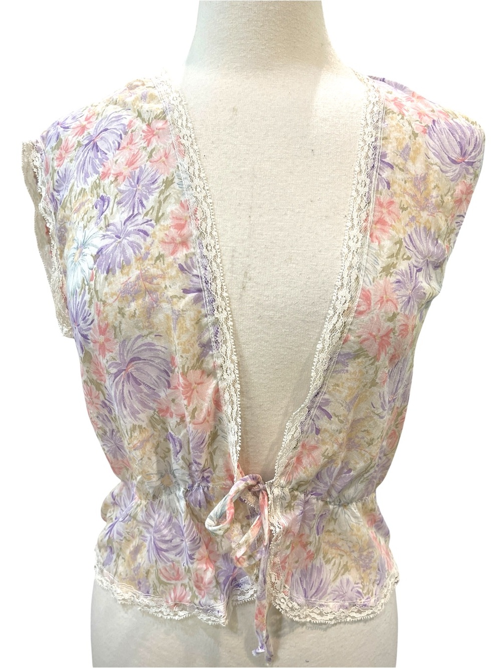 Vintage Byer California Y2K Sleeveless Floral Tie Front Top SZ L White Purple